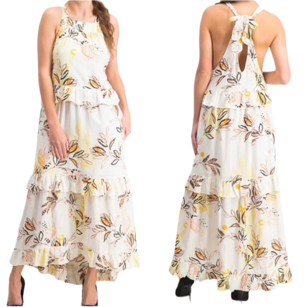 Free People Anita Yellow and Gray Ruffled Tiered Maxi Sundress